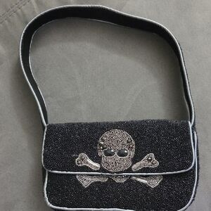 Black Beaded Skull Crossbones Beaded Shoulder Bag - Unbranded
